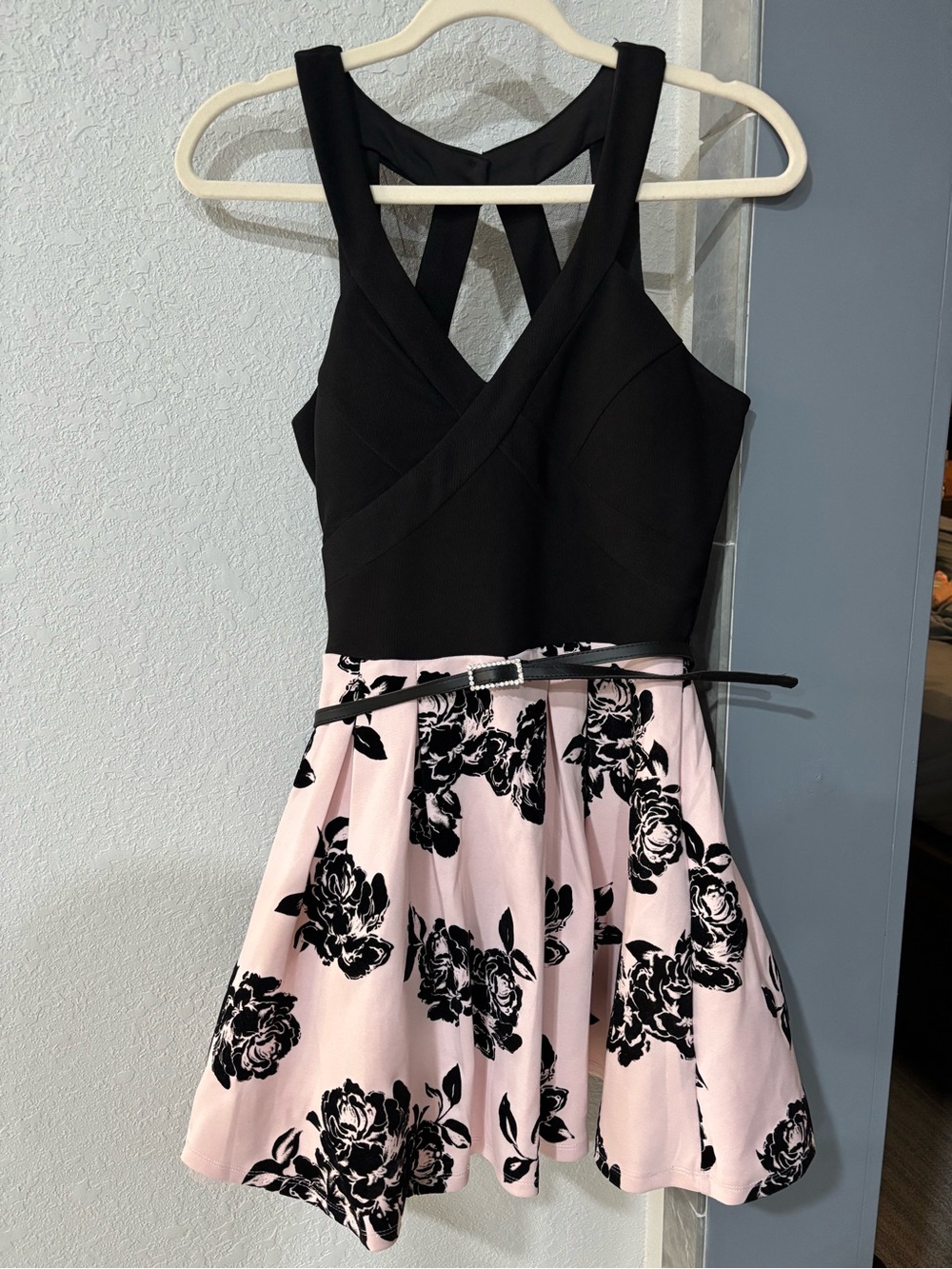 Crystal Doll Juniors Black and Light Pink Floral Fit-and-Flare Dress